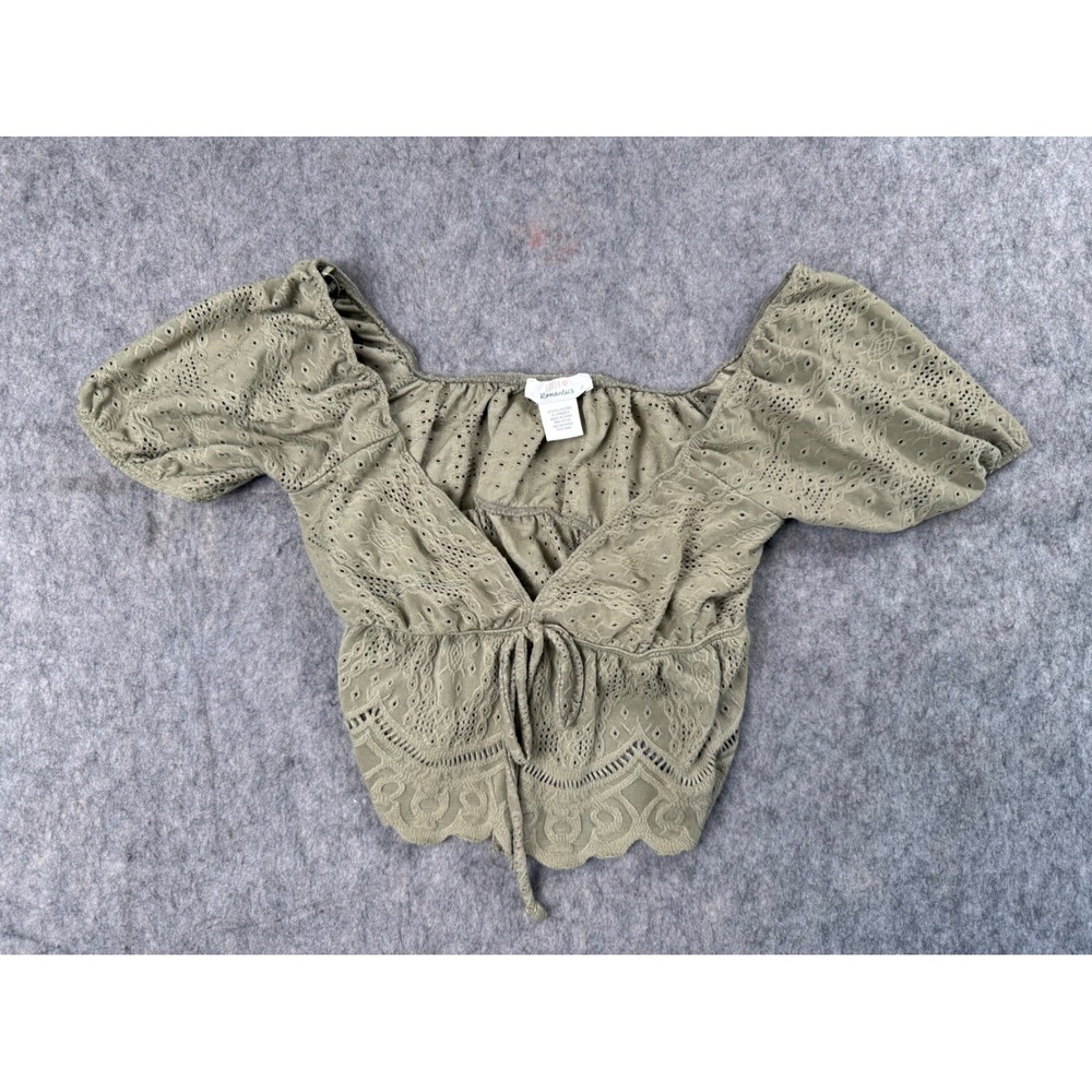 Urban Romantics Eyelet Crop Top Women‎ S Green  Boho V-Neck Scallop Hem Blouse